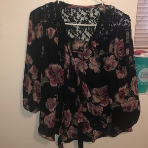 Blouse with roses and lace at top